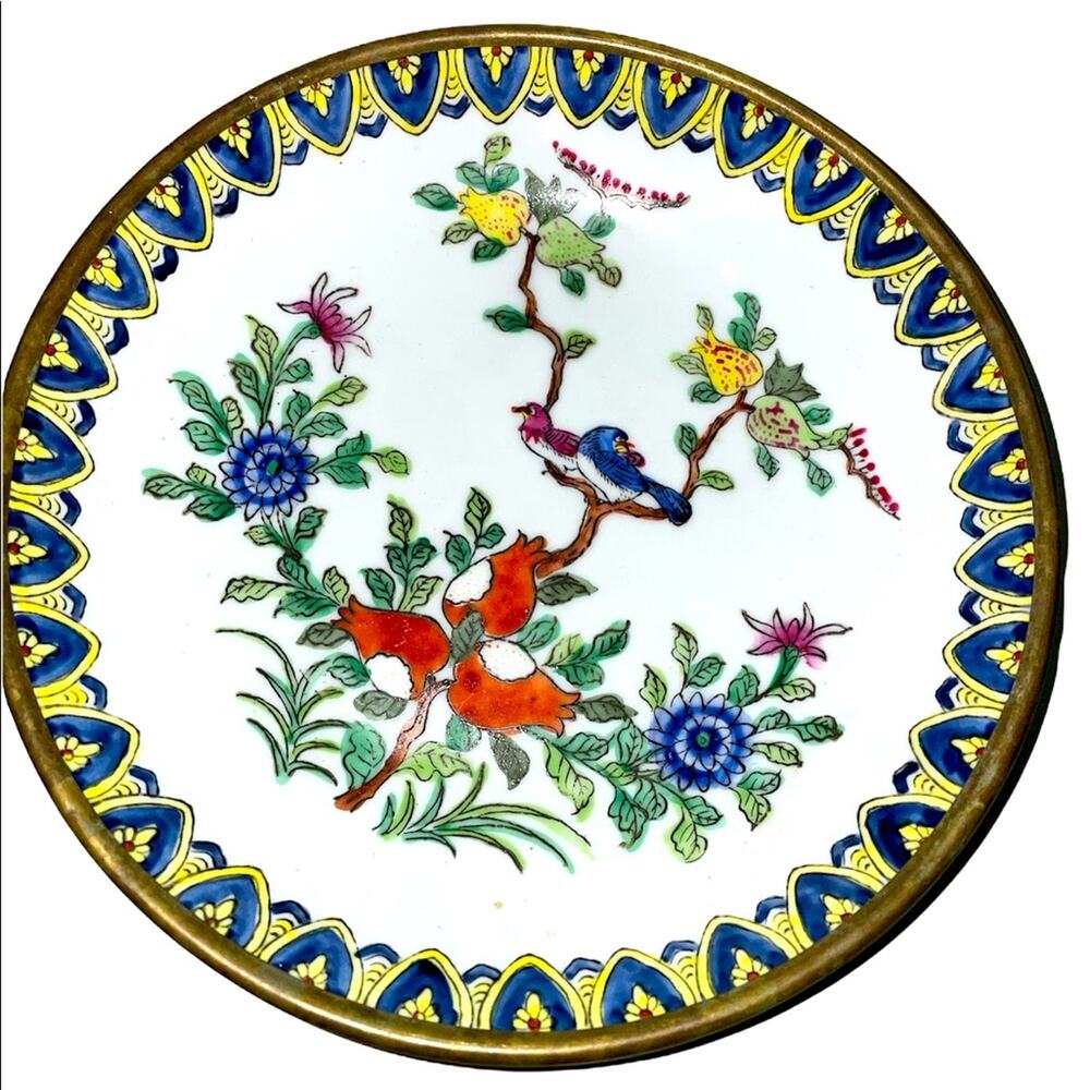 Japan Hong Kong ACF Porcelain Hand Painted Metal Encased Decorative Bowl
